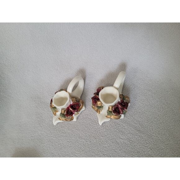 Set 2 Fall Maple Leaf Candle Stick Holder Roses Vintage Ceramic - Picture 9 of 11